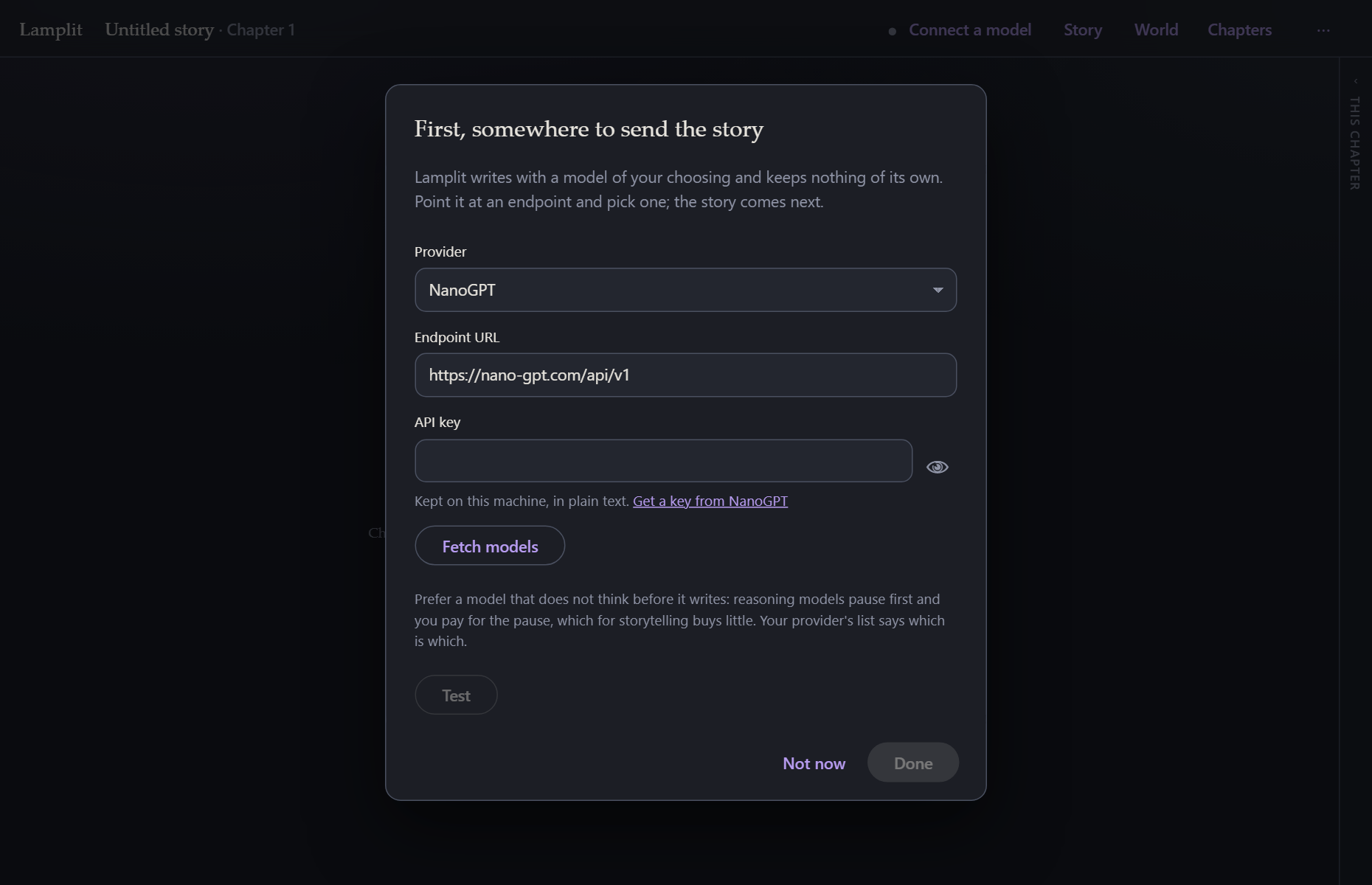 The connection sheet a fresh install opens on