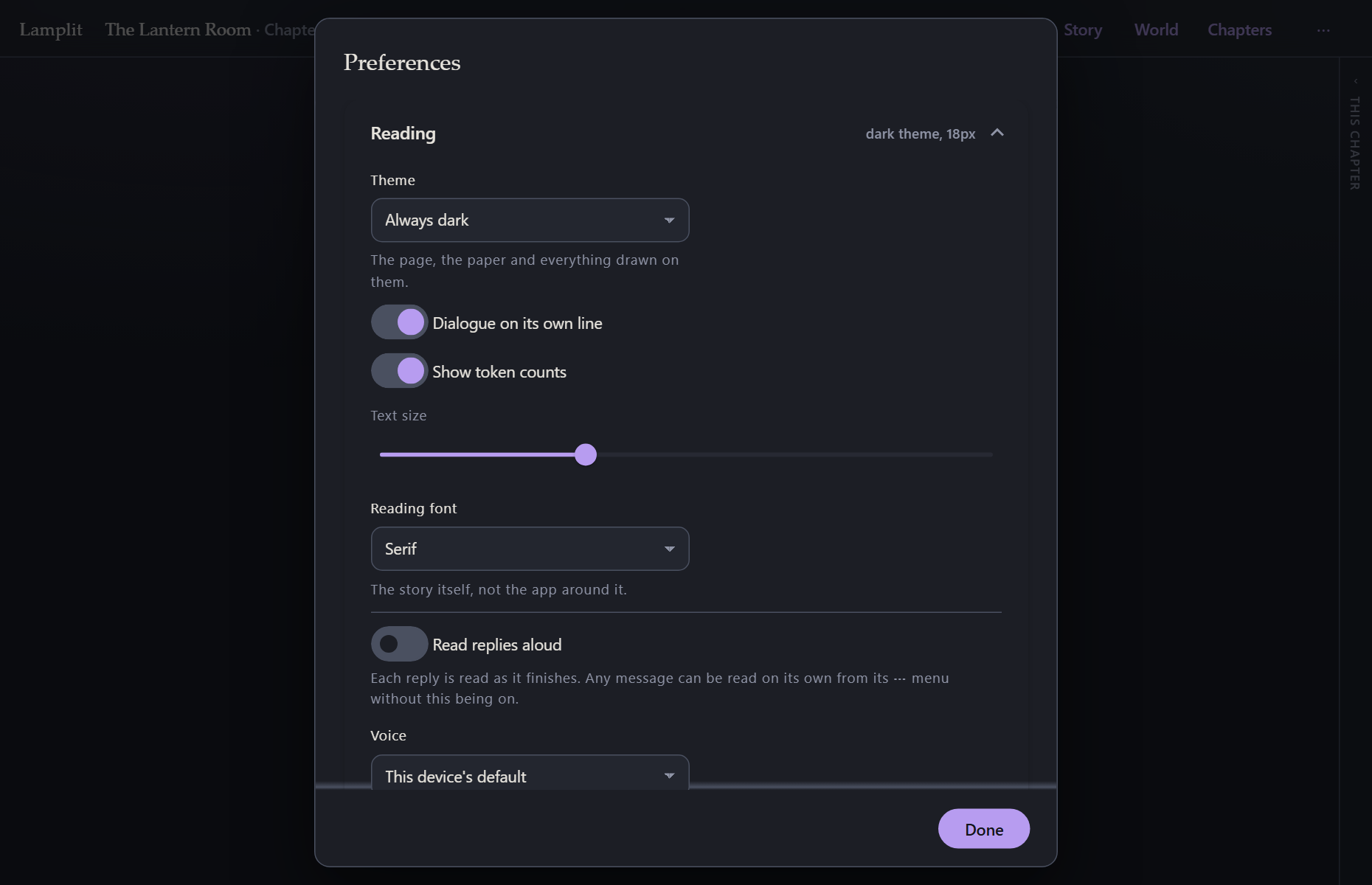 Preferences, open on Reading