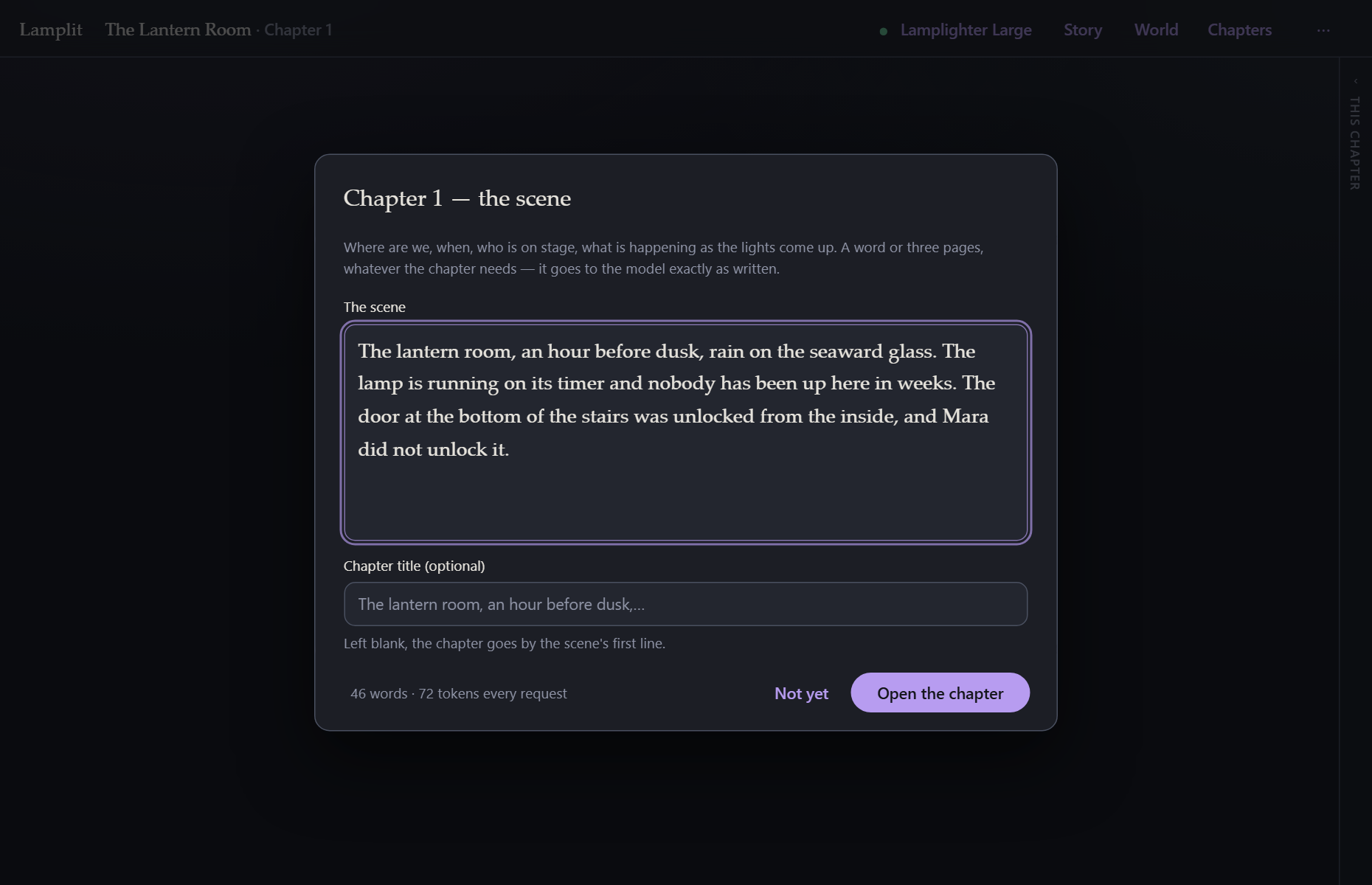 The scene sheet, the one compulsory step in the app